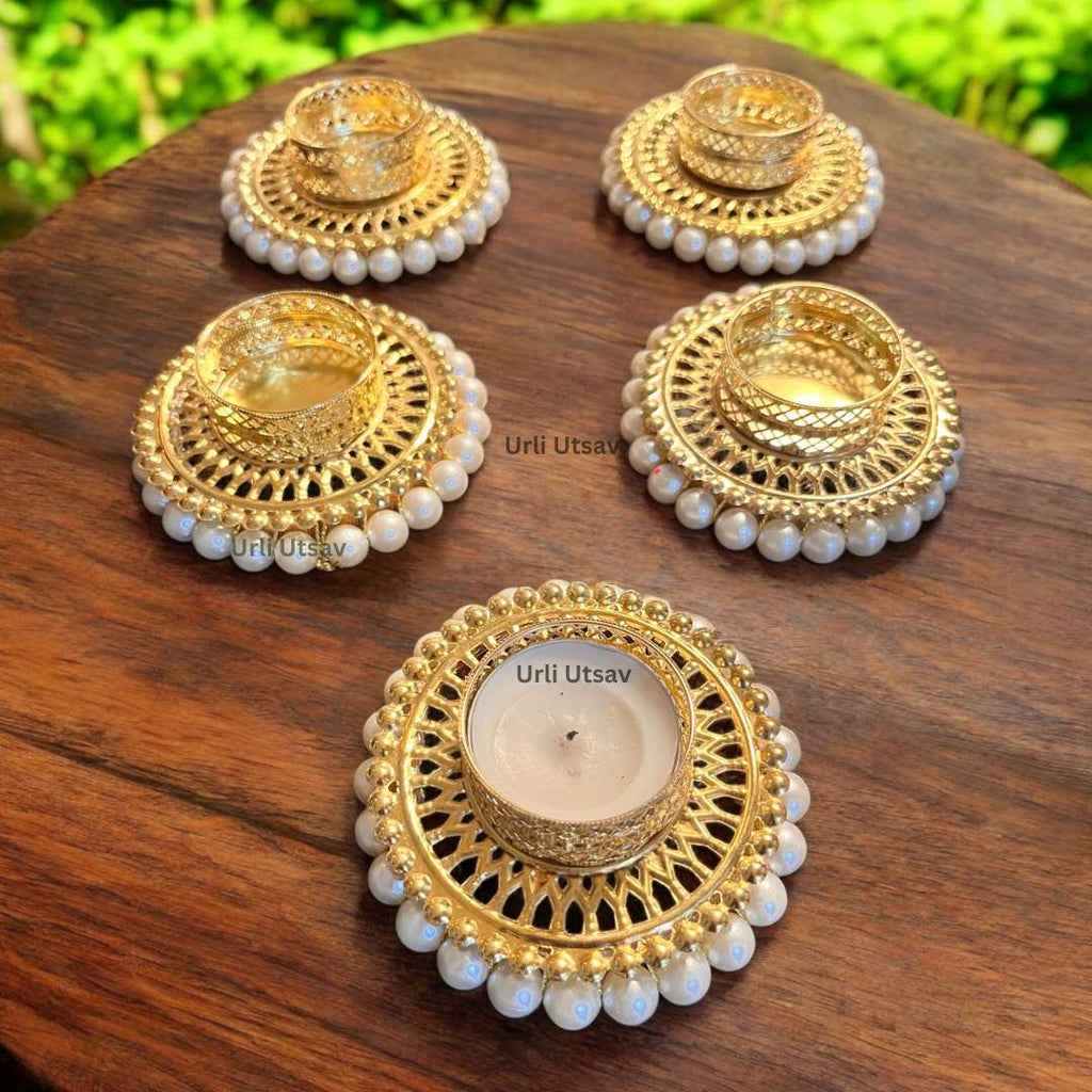 Gold Pearl Jali T-Light Holder Set of 10 - 4in Metal Diyas