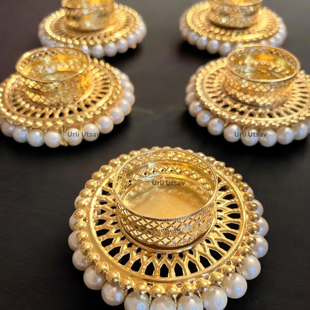Gold Pearl Jali T-Light Holder Set of 10 - 4in Metal Diyas