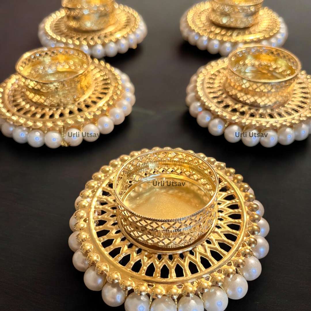 Gold Pearl Jali T-Light Holder Set of 10 - 4in Metal Diyas