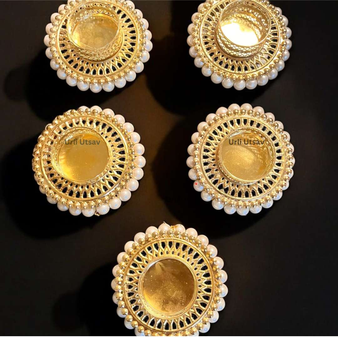 Gold Pearl Jali T-Light Holder Set of 10 - 4in Metal Diyas