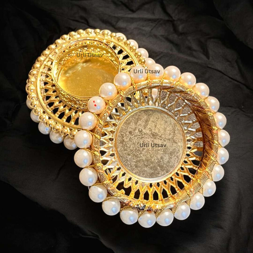 Gold Pearl Jali T-Light Holder Set of 10 - 4in Metal Diyas