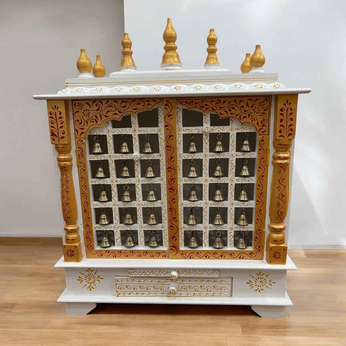 30-Inches White & Gold Wooden Pooja Mandir with Hanging Bells