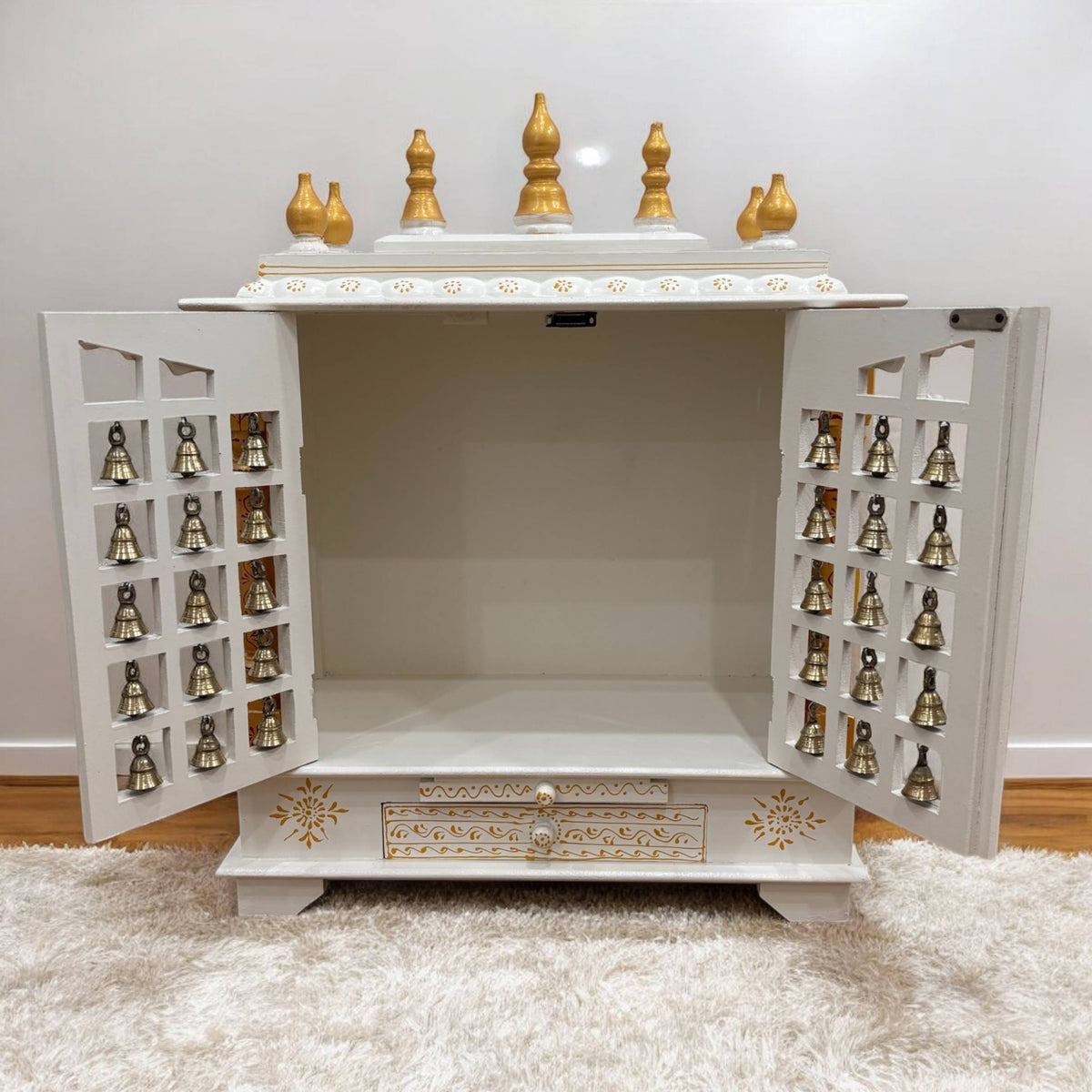 30-Inches White & Gold Wooden Pooja Mandir with Hanging Bells