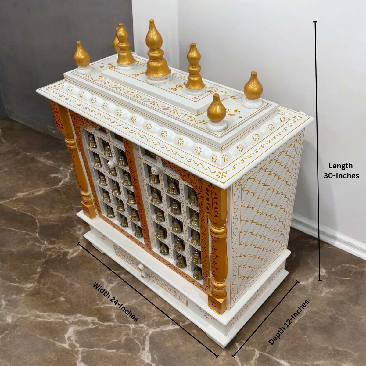 30-Inches White & Gold Wooden Pooja Mandir with Hanging Bells