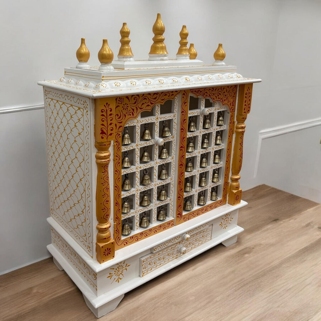 30-Inches White & Gold Wooden Pooja Mandir with Hanging Bells