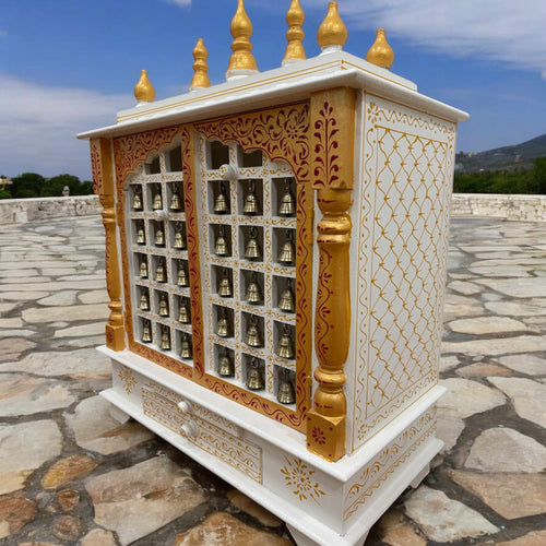 30-Inches White & Gold Wooden Pooja Mandir with Hanging Bells