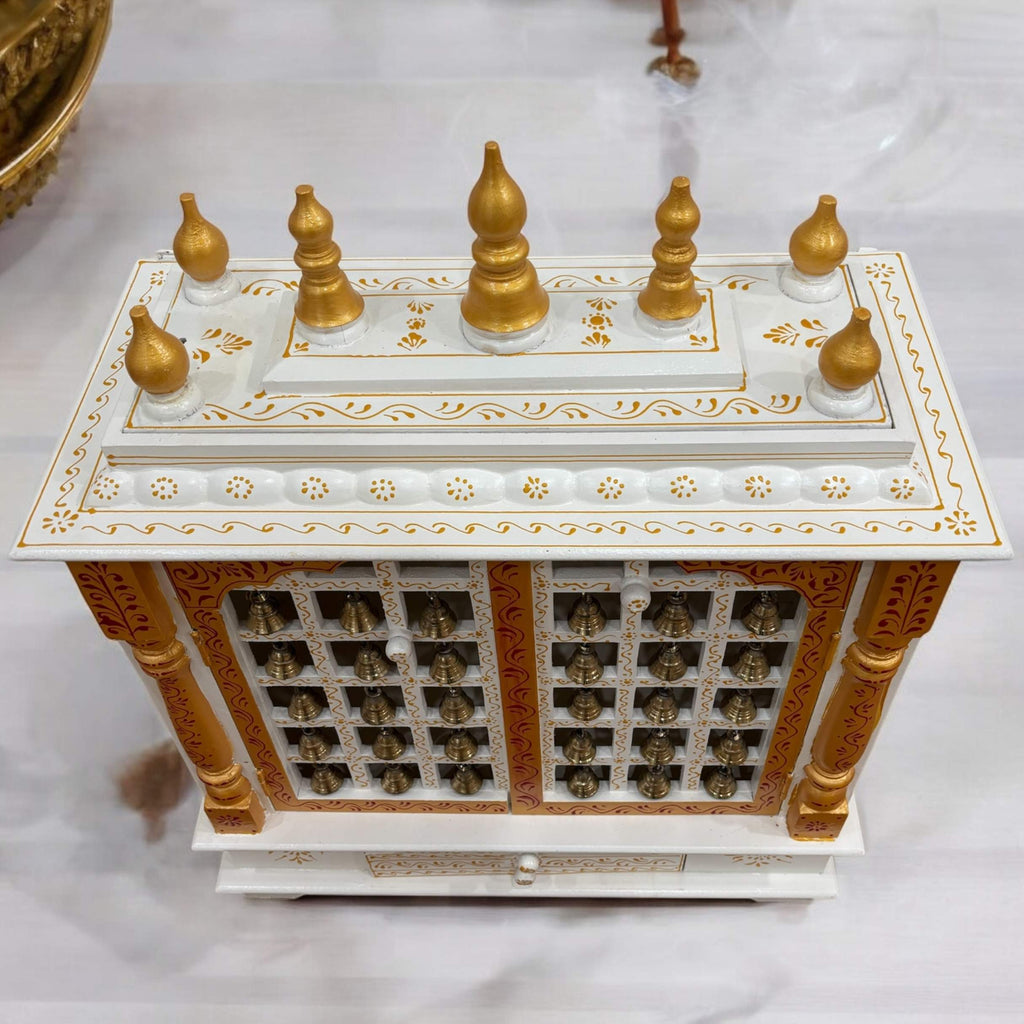 30-Inches White & Gold Wooden Pooja Mandir with Hanging Bells