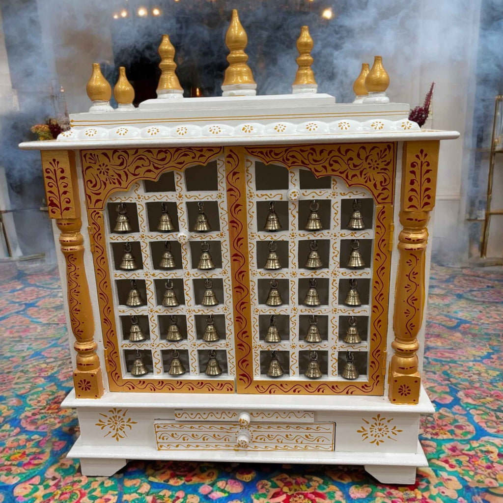 30-Inches White & Gold Wooden Pooja Mandir with Hanging Bells