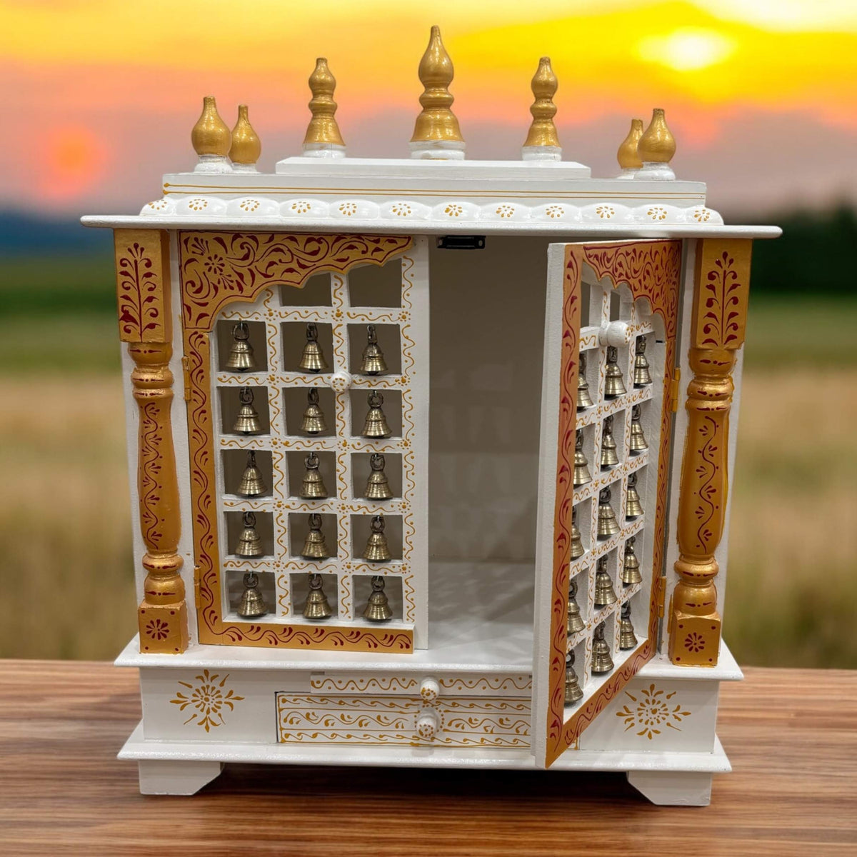 30-Inches White & Gold Wooden Pooja Mandir with Hanging Bells