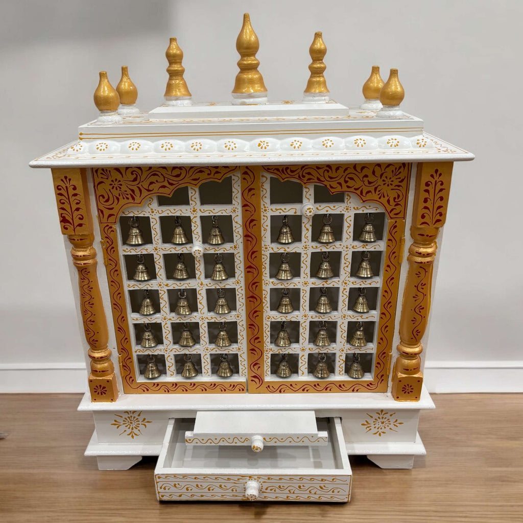 30-Inches White & Gold Wooden Pooja Mandir with Hanging Bells