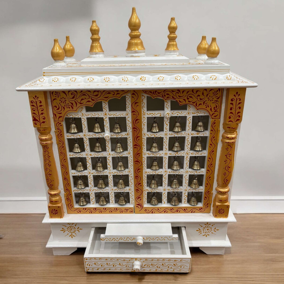 30-Inches White & Gold Wooden Pooja Mandir with Hanging Bells