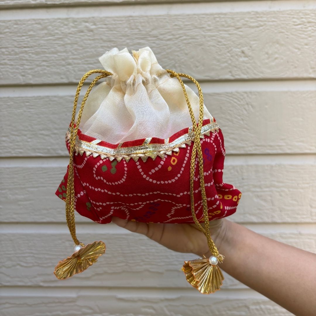 Potli Bags Set of 10 - Bandhani Drawstring Favour Pouches