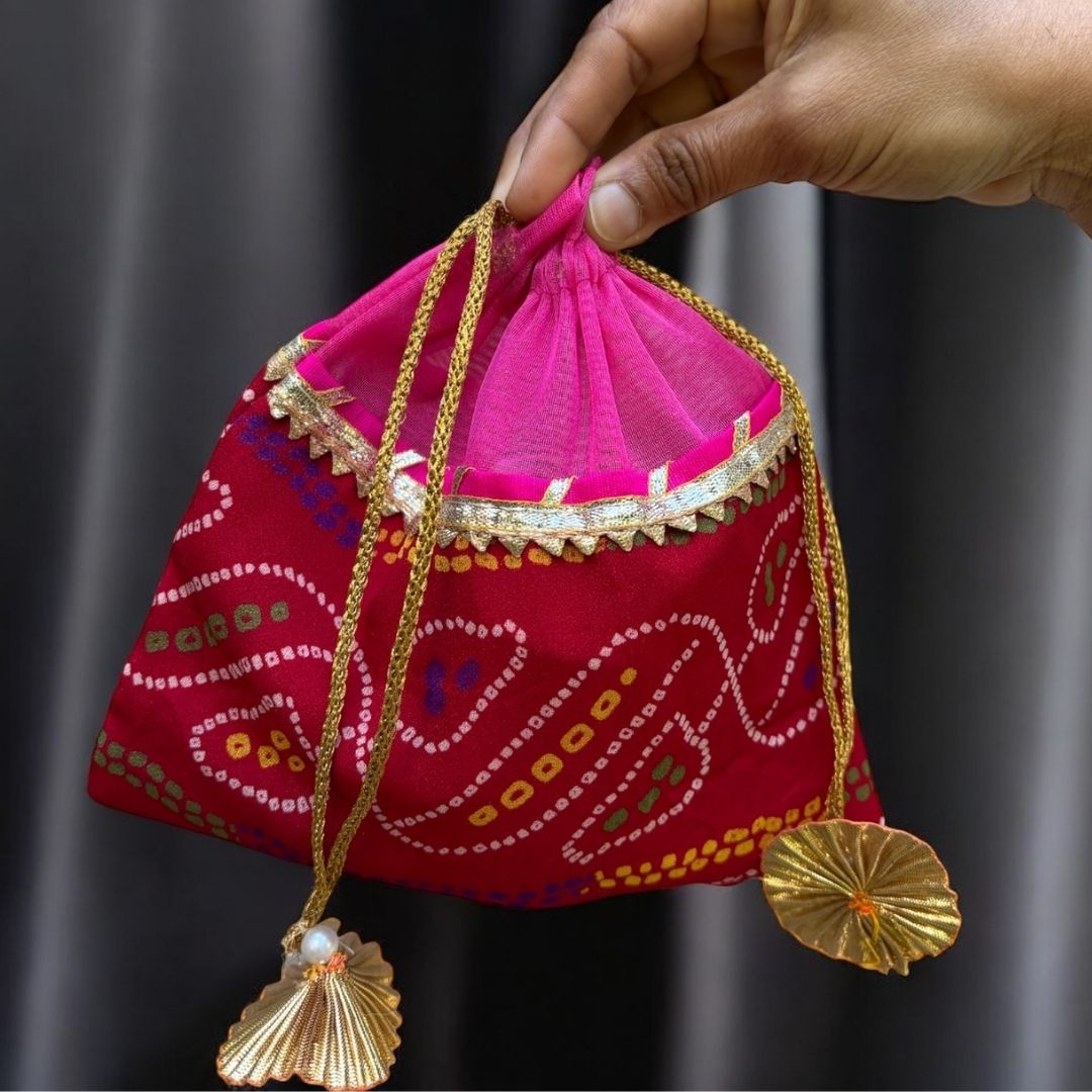 Potli Bags Set of 10 - Bandhani Drawstring Favour Pouches