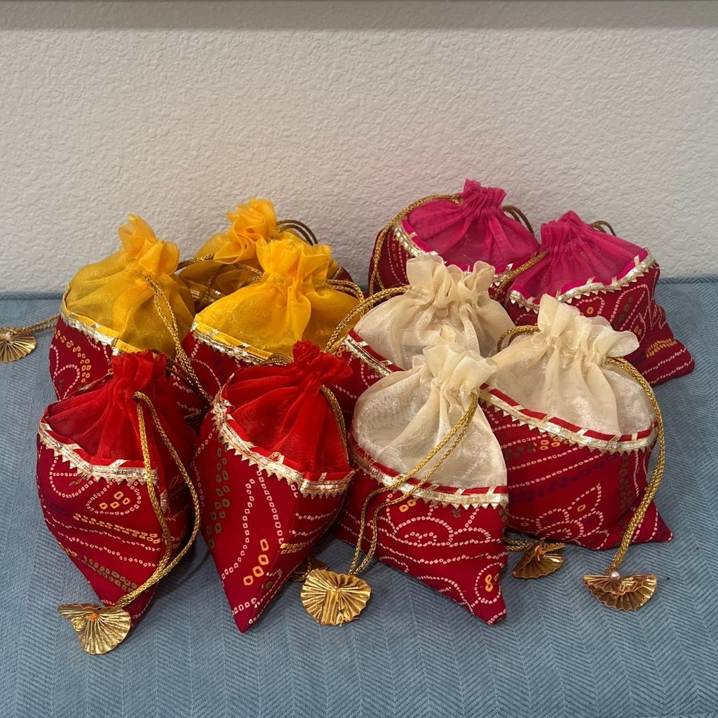 Potli Bags Set of 10 - Bandhani Drawstring Favour Pouches