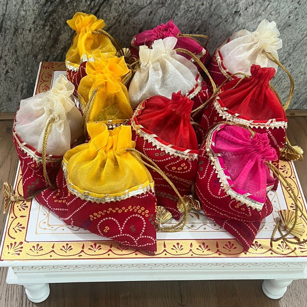 Potli Bags Set of 10 - Bandhani Drawstring Favour Pouches