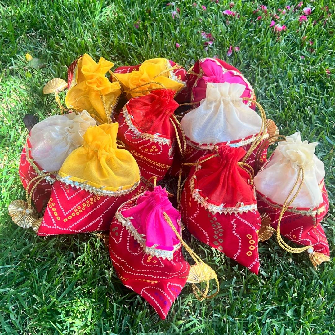 Potli Bags Set of 10 - Bandhani Drawstring Favour Pouches