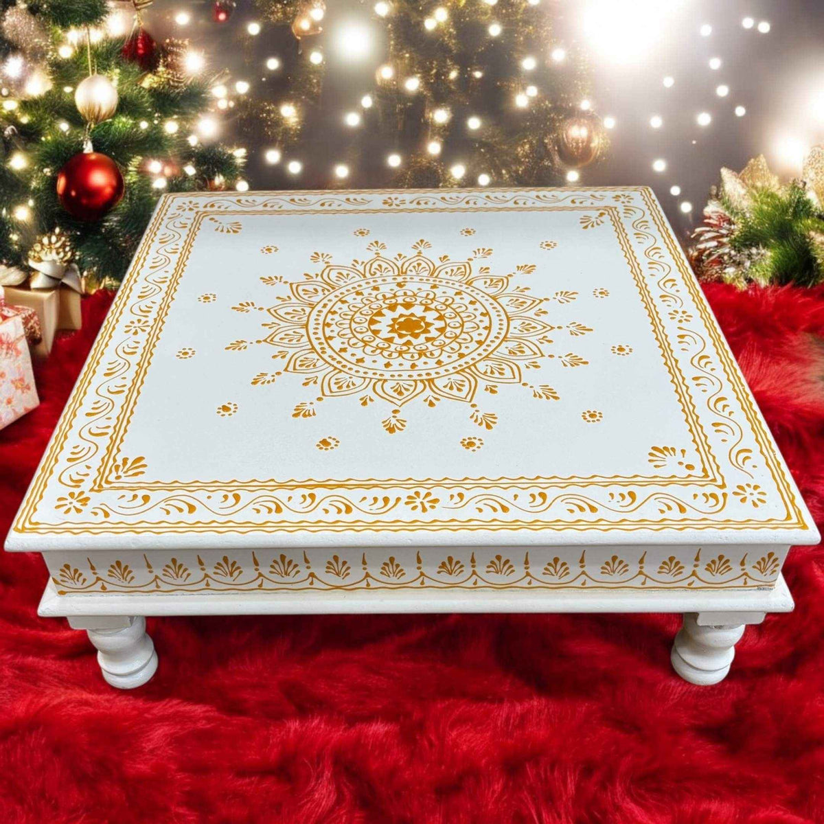 Wooden White Pooja Chowki - 18x18x6.5-Inches Gold Bajot