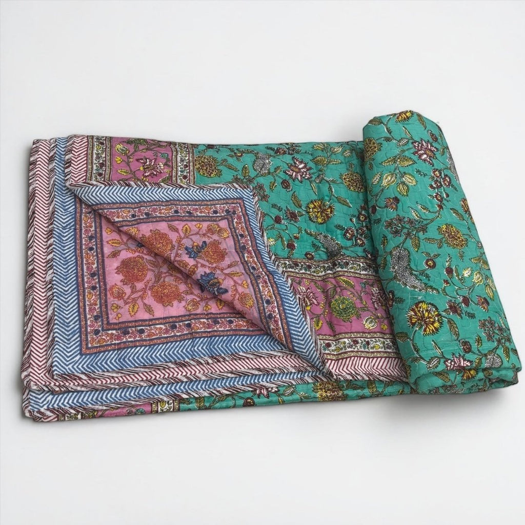 Indian Block Print King Quilt - Reversible Cotton Dohar