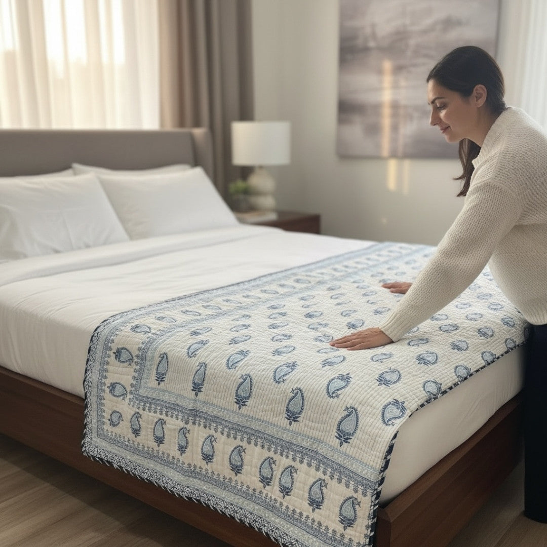 Indian Block Print King Quilt - Reversible Cotton Dohar