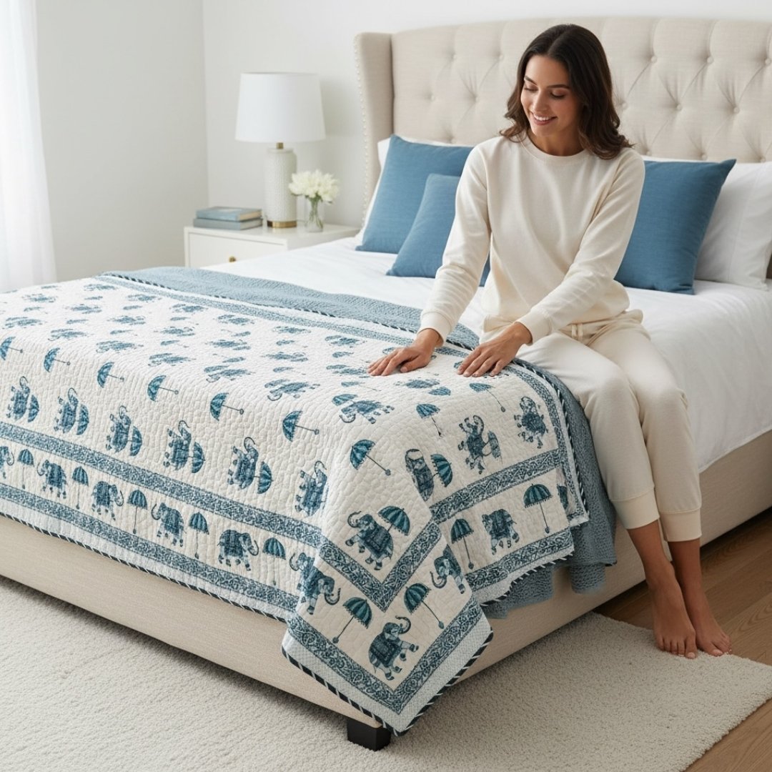 Indian Block Print King Quilt - Reversible Cotton Dohar