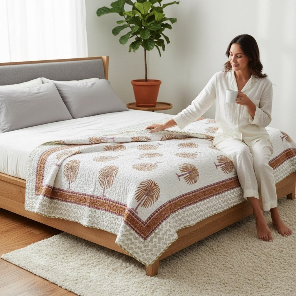 Indian Block Print King Quilt - Reversible Cotton Dohar