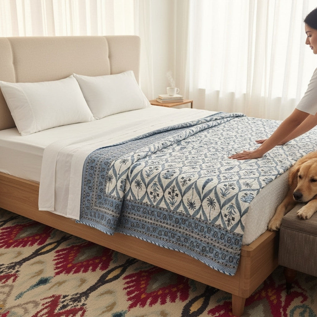 Indian Block Print King Quilt - Reversible Cotton Dohar