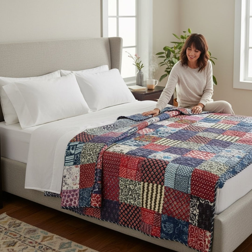 Indian Block Print King Quilt - Reversible Cotton Dohar
