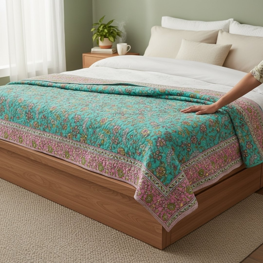 Indian Block Print King Quilt - Reversible Cotton Dohar