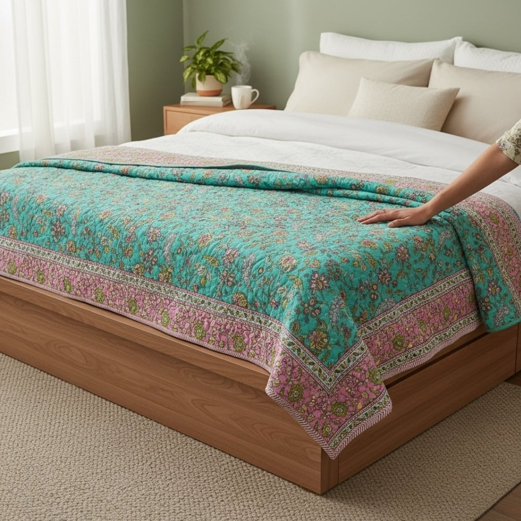 Indian Block Print King Quilt - Reversible Cotton Dohar