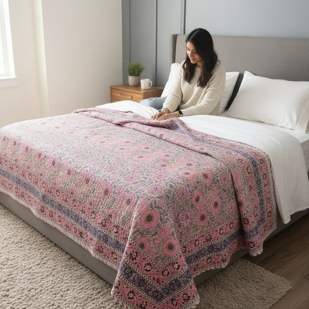 Indian Block Print King Quilt - Reversible Cotton Dohar