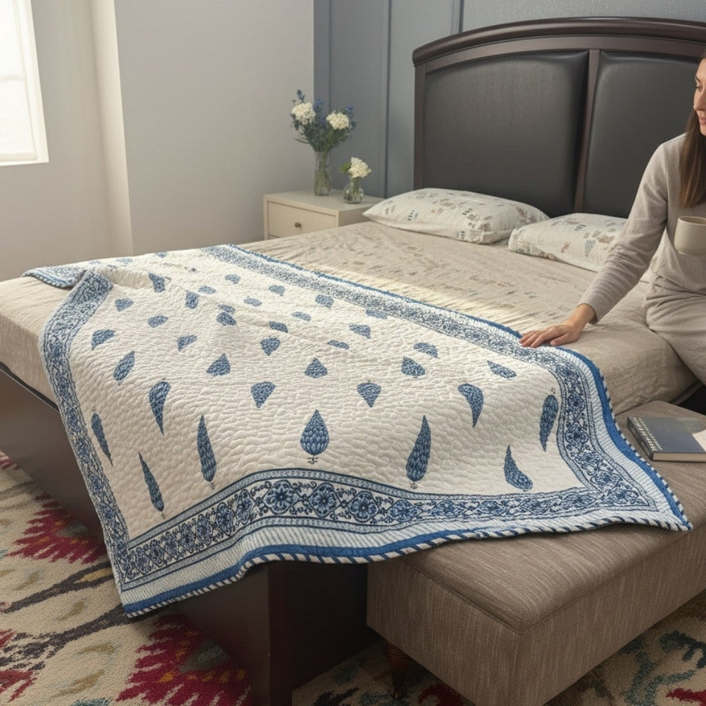 Indian Block Print King Quilt - Reversible Cotton Dohar
