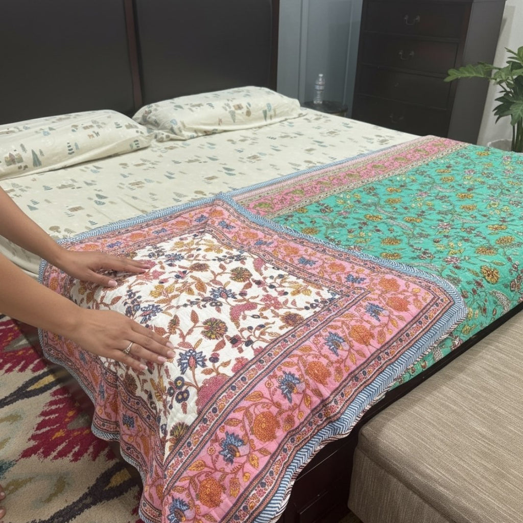 Indian Block Print King Quilt - Reversible Cotton Dohar