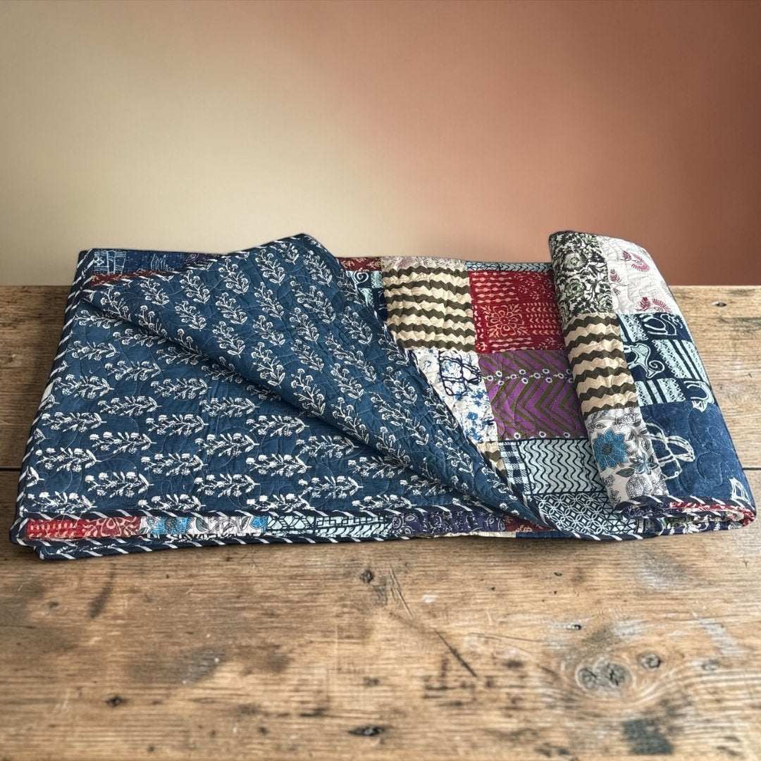 Indian Block Print King Quilt - Reversible Cotton Dohar