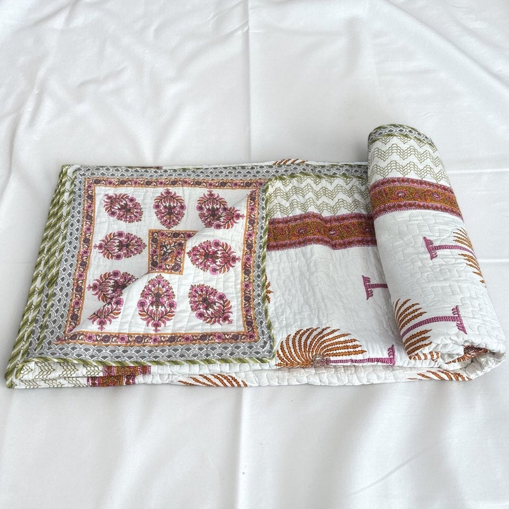 Indian Block Print King Quilt - Reversible Cotton Dohar