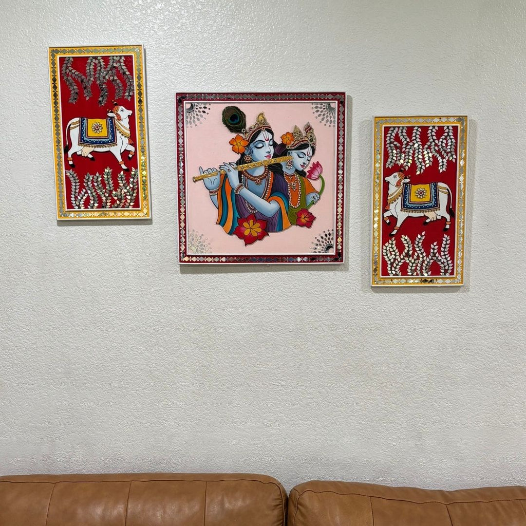 Radha Krishna Lippan Wall Art Set - 3 Mud & Mirror Panels