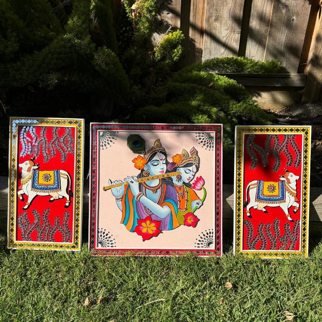 Radha Krishna Lippan Wall Art Set - 3 Mud & Mirror Panels