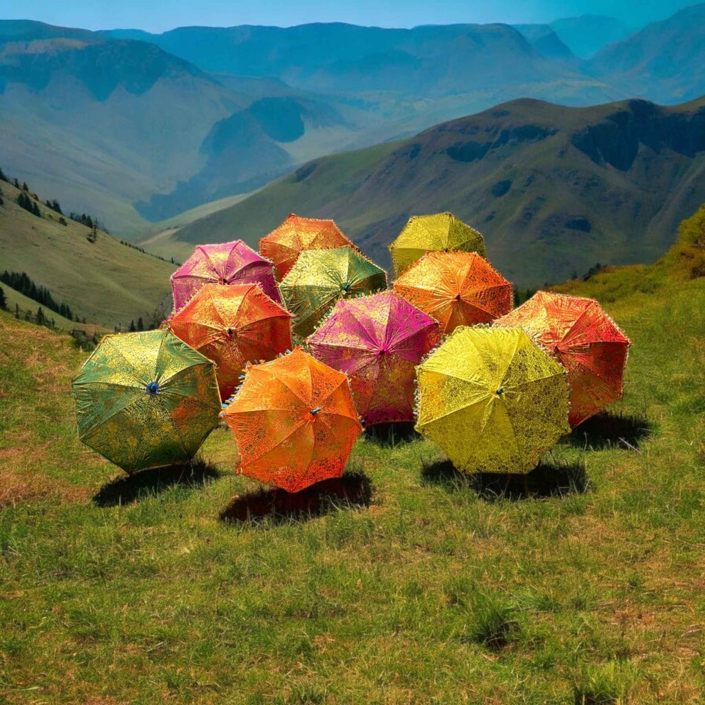 Gold Print Silk Parasols - Decorative Umbrellas, Sets of 5-25