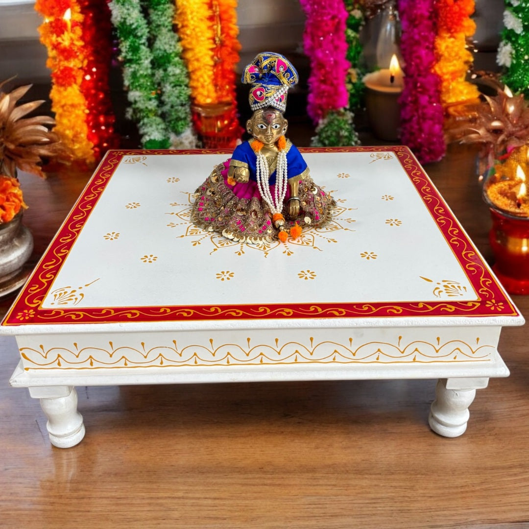 Wooden White Pooja Chowki - 18x18x6.5-Inches Red Bajot