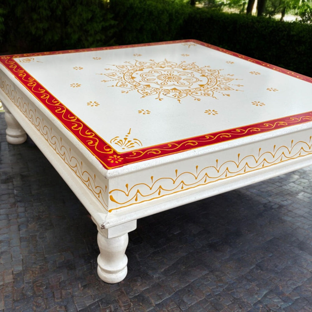 Wooden White Pooja Chowki - 18x18x6.5-Inches Red Bajot