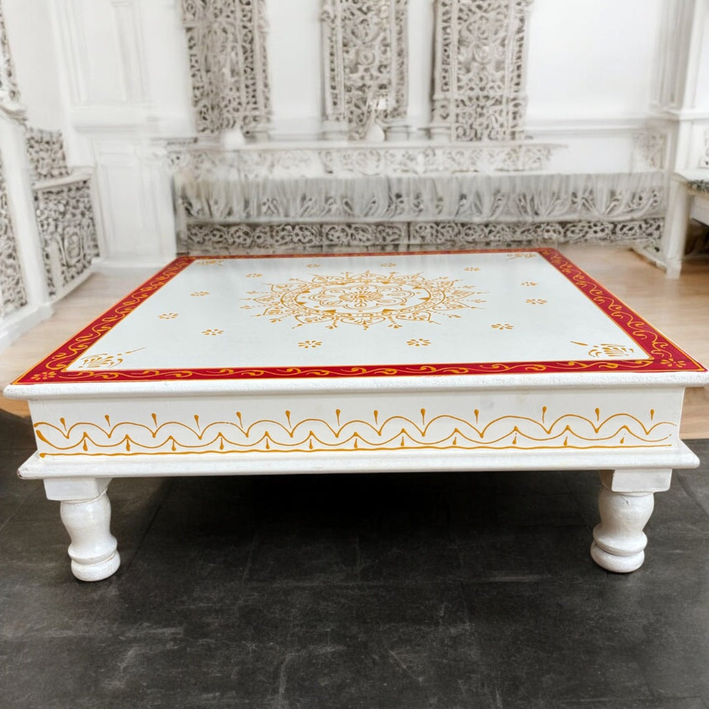 Wooden White Pooja Chowki - 18x18x6.5-Inches Red Bajot