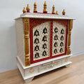 Red & White Pooja Mandir - 30-Inch Wooden Temple, Brass Bells