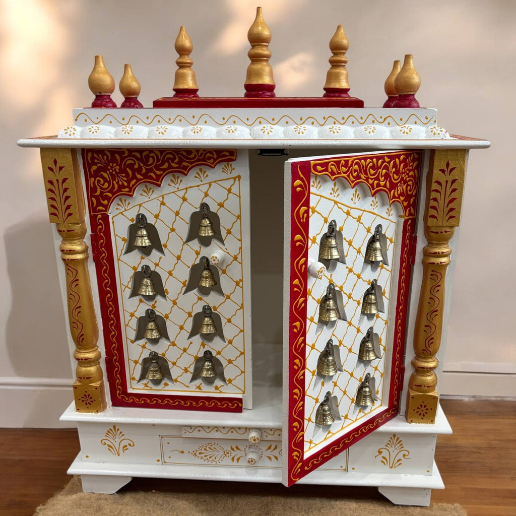 Red & White Pooja Mandir - 30-Inch Wooden Temple, Brass Bells
