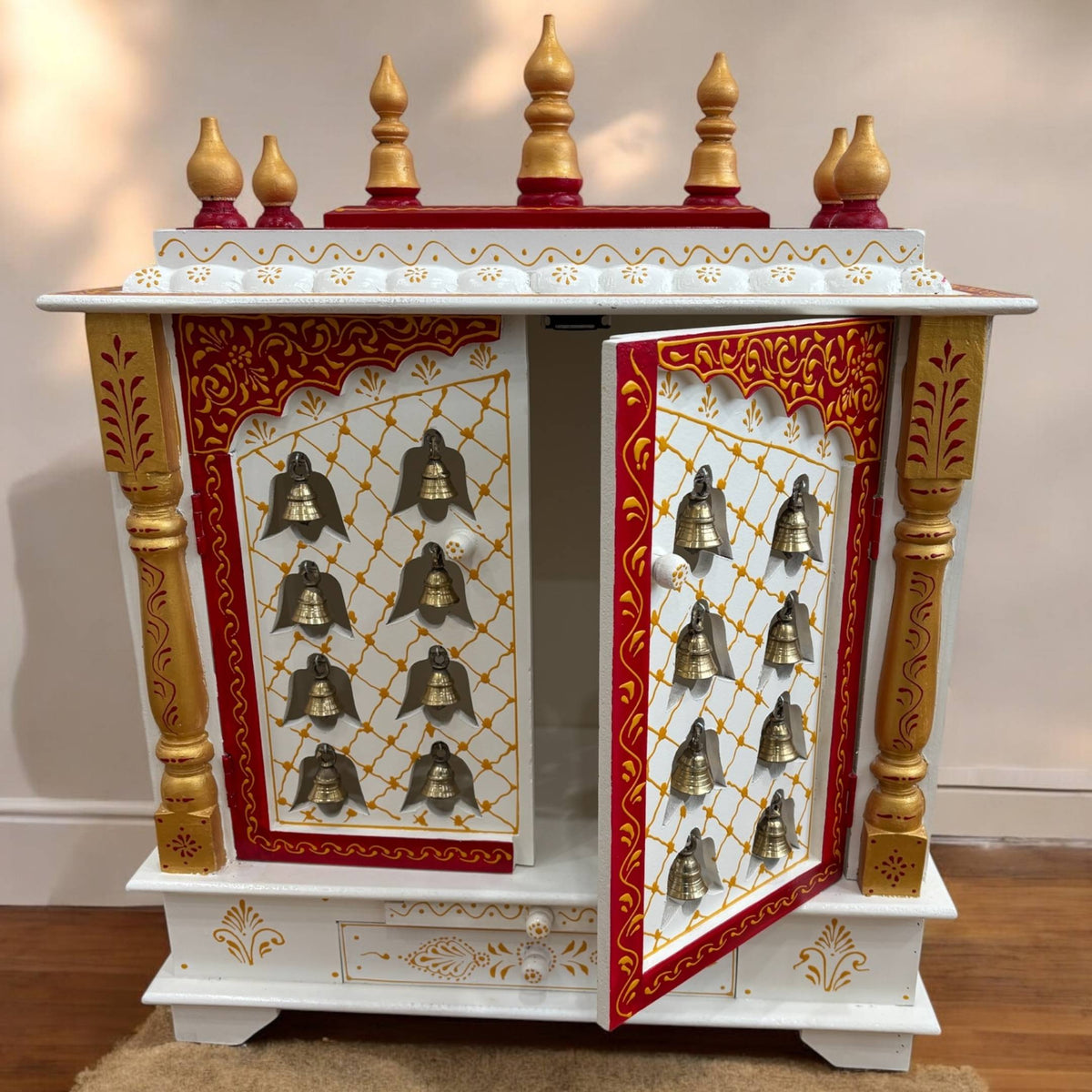 Red & White Pooja Mandir - 30-Inch Wooden Temple, Brass Bells