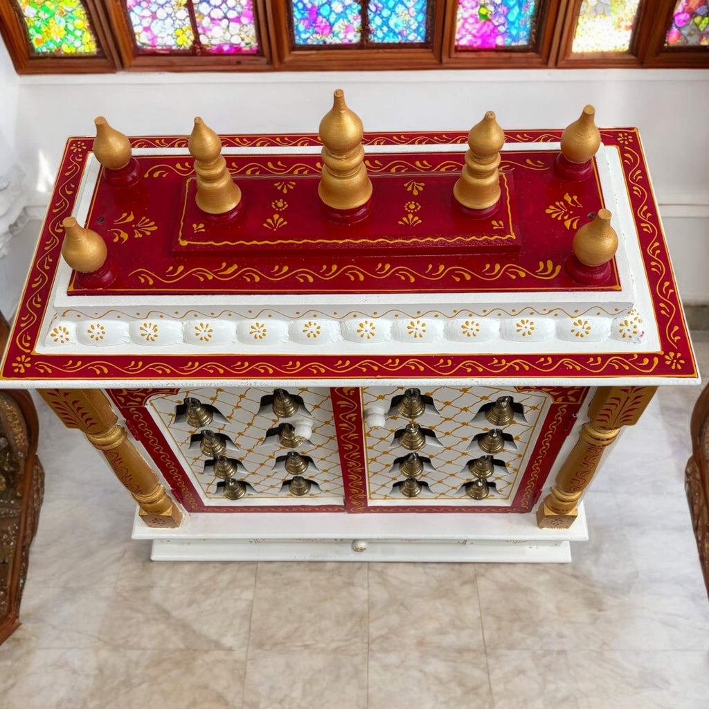 Red & White Pooja Mandir - 30-Inch Wooden Temple, Brass Bells