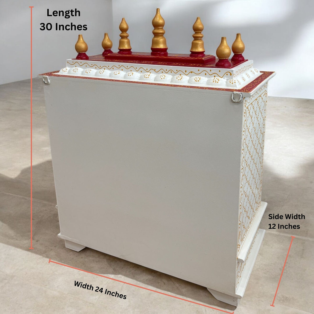 Red & White Pooja Mandir - 30-Inch Wooden Temple, Brass Bells