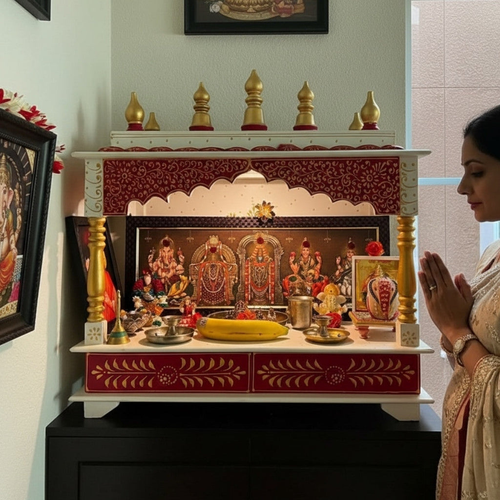 Elegant Red Wooden Temple – Pooja Mandir