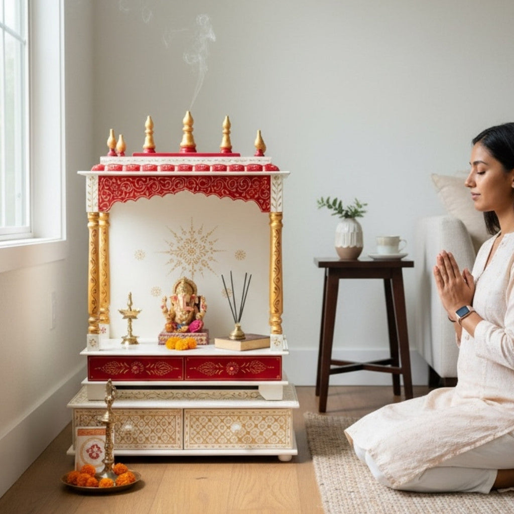 Elegant Red Wooden Temple – Pooja Mandir