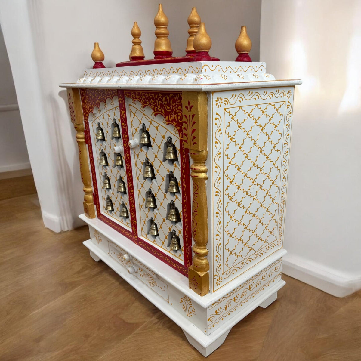 Red & White Pooja Mandir - 30-Inch Wooden Temple, Brass Bells