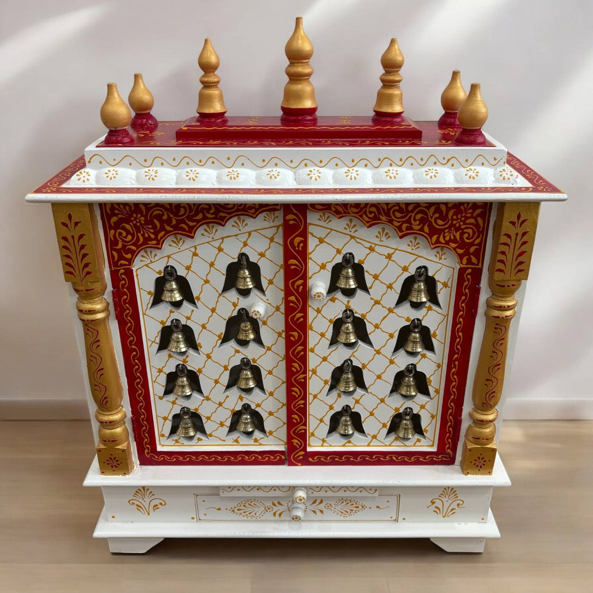 Red & White Pooja Mandir - 30-Inch Wooden Temple, Brass Bells