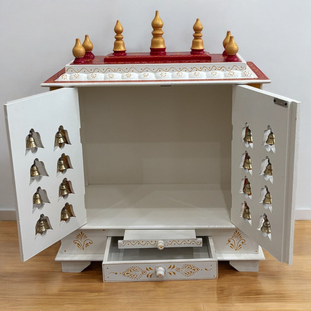 Red & White Pooja Mandir - 30-Inch Wooden Temple, Brass Bells